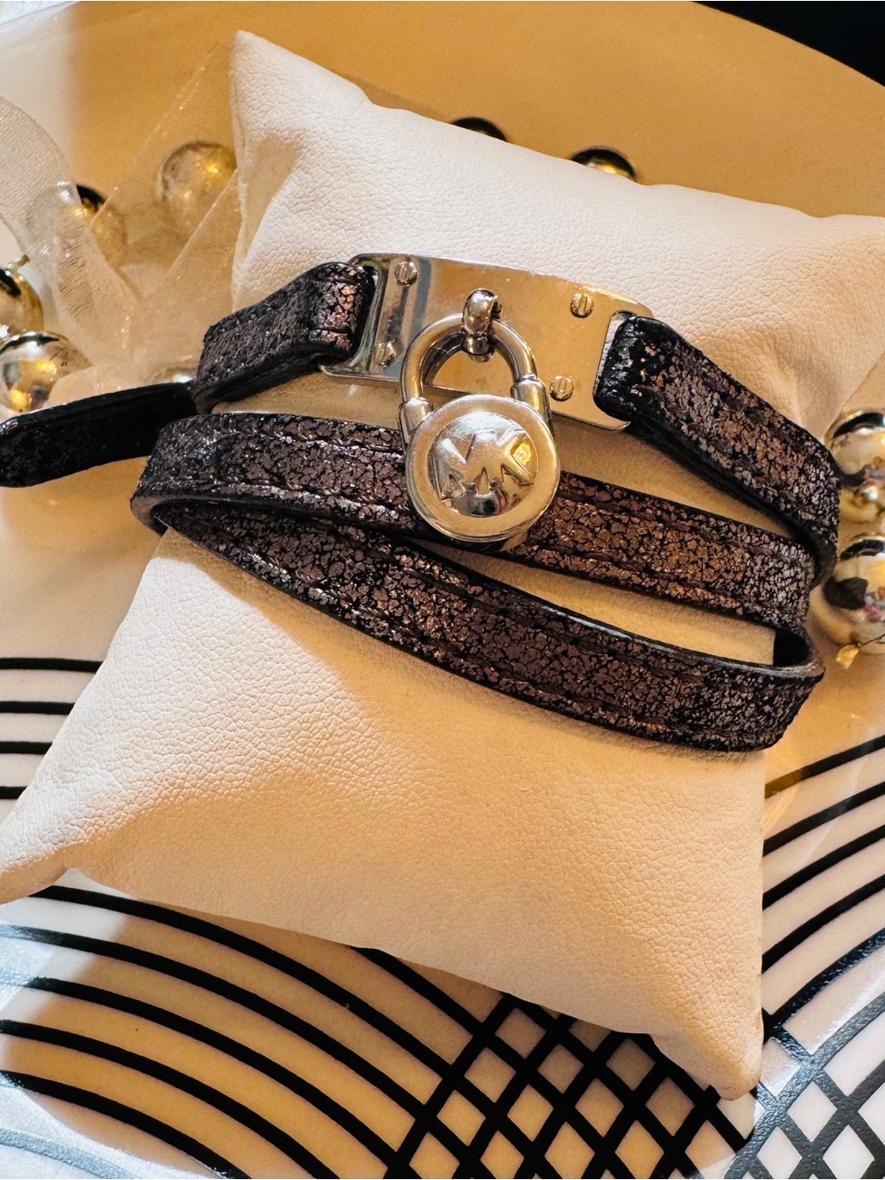 Michael Kors Metallic Gunmetal Triple Wrap Bracelet with Logo Padlock